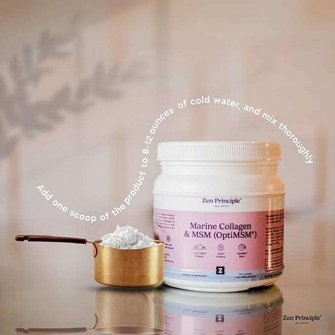 Zen Principle Marine Collagen Peptides Powder with OptiMSM® Supplement. Clinically Tested for Skin Support. Wild-Caught Fish, Non-GMO. Container 16 oz