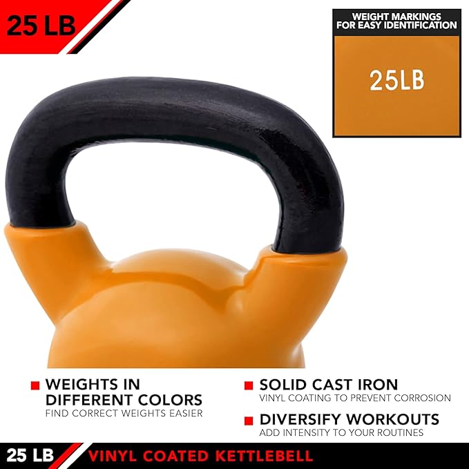 JFIT Kettlebell Weights Vinyl Coated Iron, 25 LB,25LB - Orange
