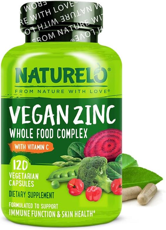 NATURELO Vegan Zinc Immune Support Capsules - Whole Food Complex with Vitamin C for Healthy Skin, Hair, and Nails - 120 Capsules