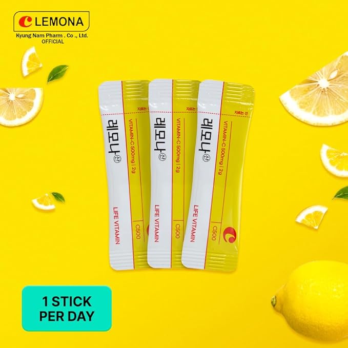 LEMONA Official Vitamin C Powder 500mg Korean Supplements Immune Support B6, B2, On-The-Go Packets Vitamin Healthy Living, Easy to Take Daily Energy Boost Korean Food Snacks Lemon (70Sticks)