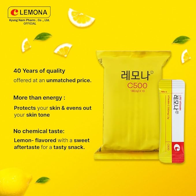 LEMONA Official Vitamin C Powder 500mg Korean Supplements Immune Support B6, B2, On-The-Go Packets Vitamin Healthy Living, Easy to Take Daily Energy Boost Korean Food Snacks Lemon (70Sticks)