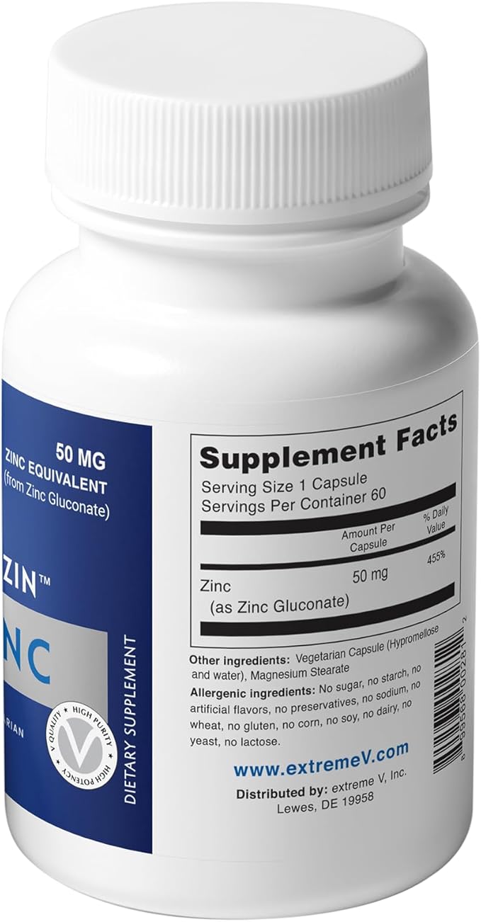 Zinc MG50 | Clean-Label 50MG Elemental Zinc Gluconate Supplement | No Fillers, Vegan Capsule, 60 Count