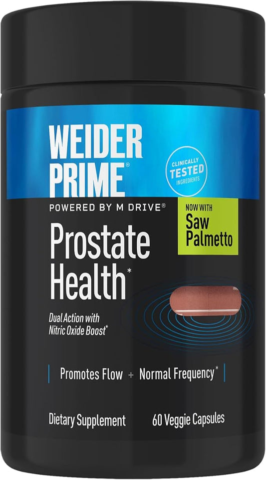 Weider Prime Prostate Health for Men, Saw Palmetto, Dual Action with N.O. Boost, Promotes Flow and Normal Frequency, 60 Veggie Capsules