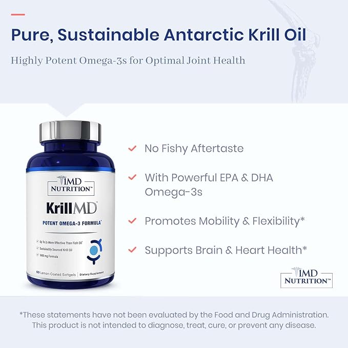 1MD Nutrition KrillMD - Antarctic Krill Oil Omega 3 Supplement with Astaxanthin, EPA, DHA | 2X More Effective Than Fish Oil | 60 Softgels (2-Pack)