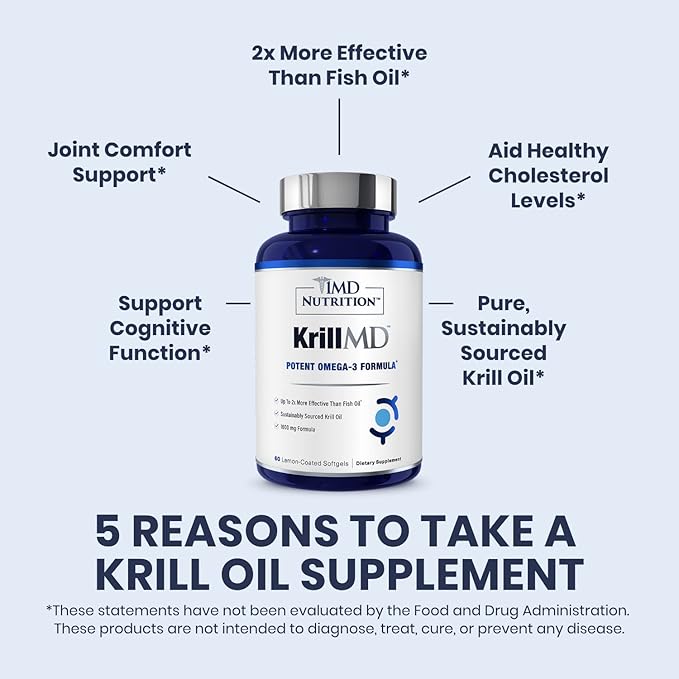 1MD Nutrition KrillMD - Antarctic Krill Oil Omega 3 Supplement with Astaxanthin, EPA, DHA | 2X More Effective Than Fish Oil | 60 Softgels