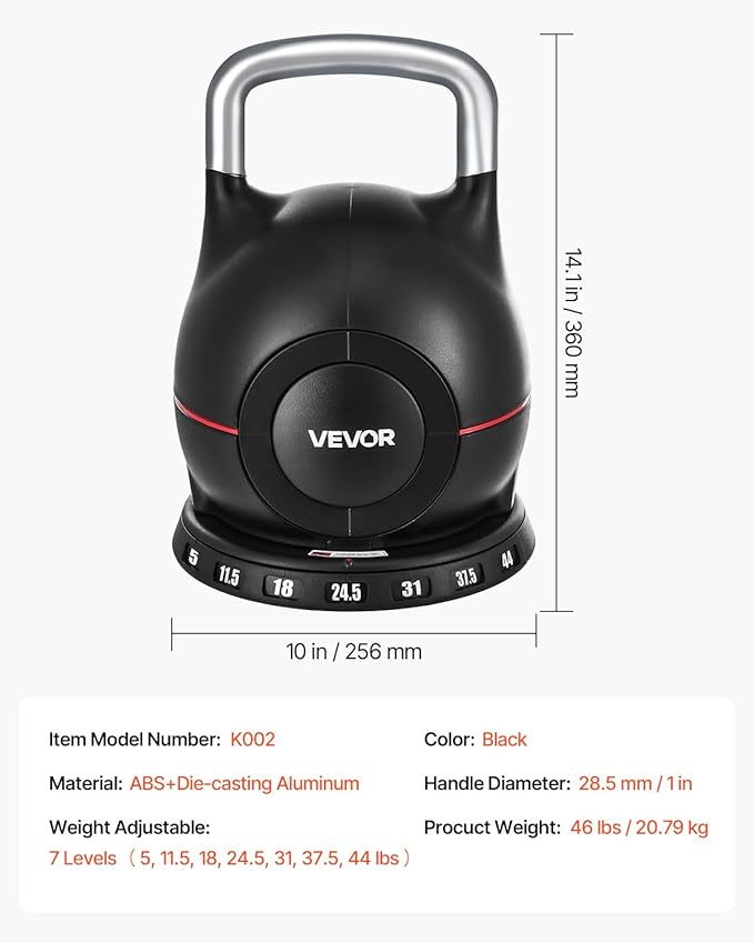 VEVOR Kettlebell, Adjustable Kettlebell with 7 Weight Levels, Die-Cast Aluminum and ABS Material, for Grip Strength Training, Full-body Workout & Cross-Training