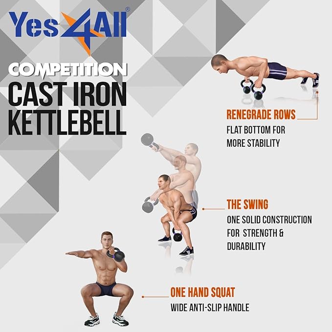 Yes4All Powder Coated Kettlebell, Cast Iron Core Kettlebells with Non-Slip Handle & Flat Bottom for Conditioning, Heavy Duty for Strength Training, 9lb to 71lb - Single & Pair