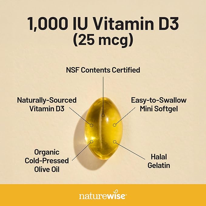 NatureWise Vitamin D3 1000iu (25 mcg) 200-Day Supply for Immune Support, Healthy Muscle Function, and Bone Health - Non-GMO, Gluten Free in Organic Extra Virgin Olive Oil, (Mini Softgel), 200 Count