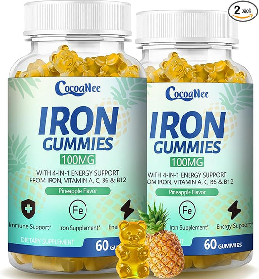 2 Pack 100MG Iron Supplements Gummies for Women & Men - Vitamin C, A, B12 - Complex, Improve Absorption, Energy Boost, Iron Deficiency, Anemia for Adults & Kids - Complex Folate, Zinc, 120Cts