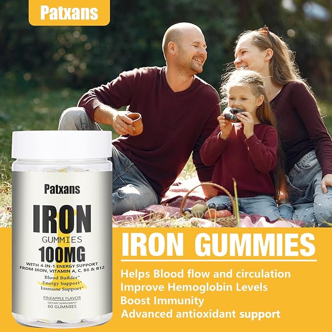 2 Packs 100MG Iron Supplement Gummies for Women & Men - with Vitamin A, C, B - Energy Support for Iron Deficiency, Anemia, Adults ＆ Children, Pineapple Flavor Gummy, 120ct