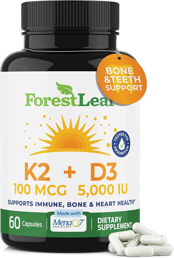 ForestLeaf Vitamin D3 + K2 (MK7) Supplement - MenaQ7 - Calcium and Vitamin D3 5000 IU Max Absorption - Teeth and Bone Strength, Heart Health, Immune System Support - 60 Veggie Capsules