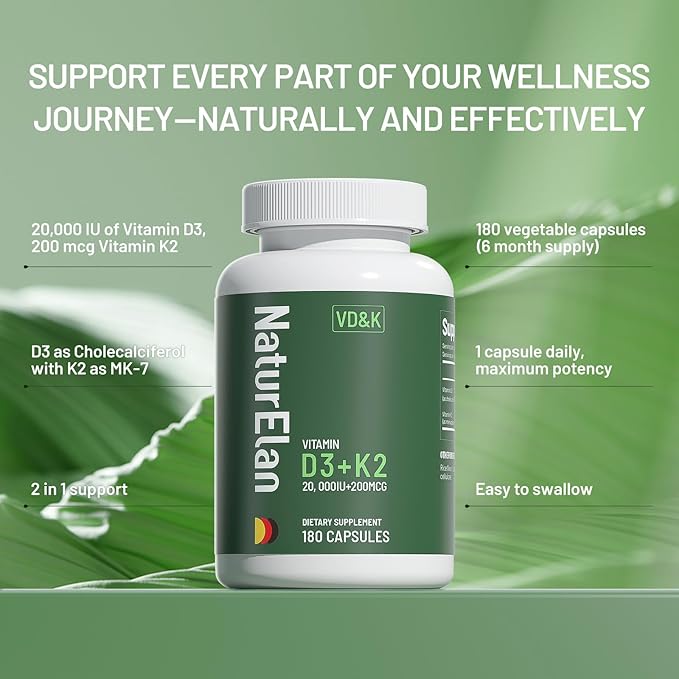 Vitamin D3 K2 - 20,000 IU D3 + 200mcg K2(MK-7), 180 Capsules, Supports Bone, Immune, Heart & Teeth Health, Third-Party Tested, Vegan, Non-GMO, Gluten Free K2 D3 Vitamin Supplement for Men & Women