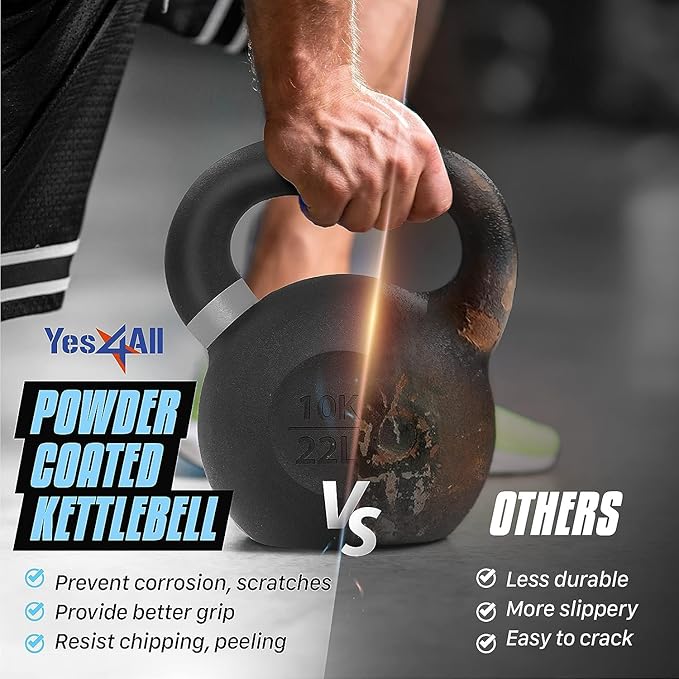 Yes4All Powder Coated Kettlebell, Cast Iron Core Kettlebells with Non-Slip Handle & Flat Bottom for Conditioning, Heavy Duty for Strength Training, 9lb to 71lb - Single & Pair