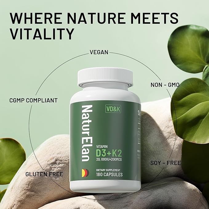 Vitamin D3 K2 - 20,000 IU D3 + 200mcg K2(MK-7), 180 Capsules, Supports Bone, Immune, Heart & Teeth Health, Third-Party Tested, Vegan, Non-GMO, Gluten Free K2 D3 Vitamin Supplement for Men & Women