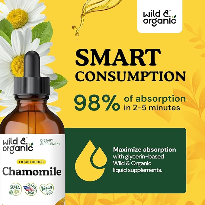 Wild & Organic Chamomile Flowers Tincture - Calming Supplement for Relaxation - Chamomile Extract Liquid Drops - Vegan, Sugar & Alcohol-Free - 4 fl oz
