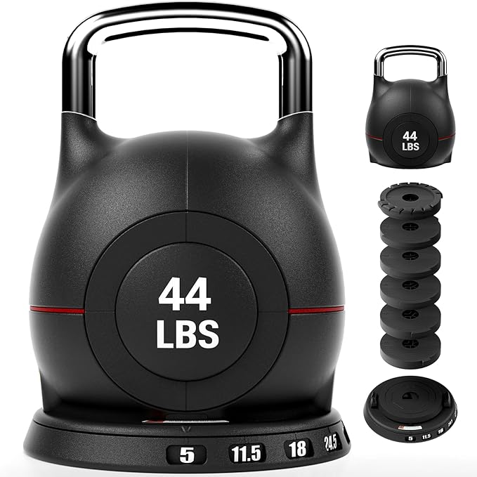 LIFERUN Adjustable Kettlebell Weight Set, 7 Weights, 22.5 lb or 44 lb, Quick-Change Handle for Home Gym, Space-Saving Design for Strength Training