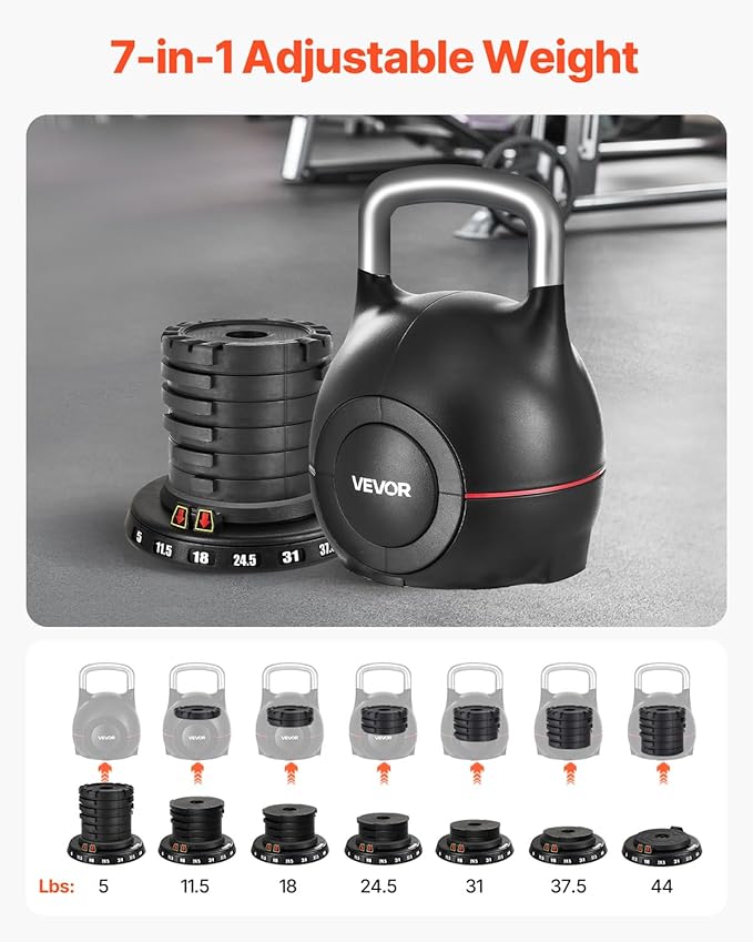 VEVOR Kettlebell, Adjustable Kettlebell with 7 Weight Levels, Die-Cast Aluminum and ABS Material, for Grip Strength Training, Full-body Workout & Cross-Training