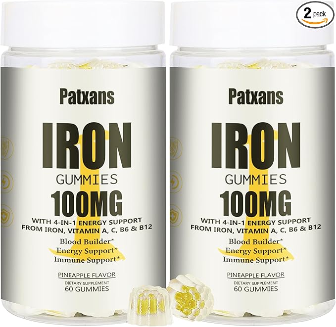 2 Packs 100MG Iron Supplement Gummies for Women & Men - with Vitamin A, C, B - Energy Support for Iron Deficiency, Anemia, Adults ＆ Children, Pineapple Flavor Gummy, 120ct