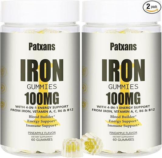 2 Packs 100MG Iron Supplement Gummies for Women & Men - with Vitamin A, C, B - Energy Support for Iron Deficiency, Anemia, Adults ＆ Children, Pineapple Flavor Gummy, 120ct