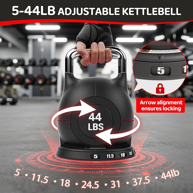 LIFERUN Adjustable Kettlebell Weight Set, 7 Weights, 22.5 lb or 44 lb, Quick-Change Handle for Home Gym, Space-Saving Design for Strength Training