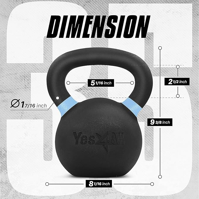 Yes4All Powder Coated Kettlebell, Cast Iron Core Kettlebells with Non-Slip Handle & Flat Bottom for Conditioning, Heavy Duty for Strength Training, 9lb to 71lb - Single & Pair