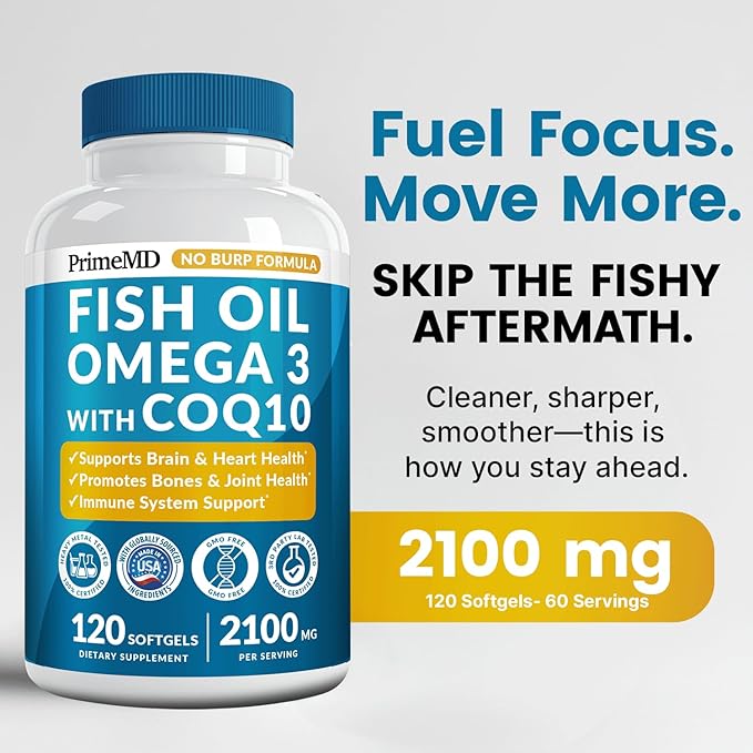 4-in-1 Fish Oil Omega 3 Fatty Supplements (2100mg) - Omega 3 Fish Oil with Vitamins D3 K2 and CoQ10 - Lemon Flavored (120 softgels)