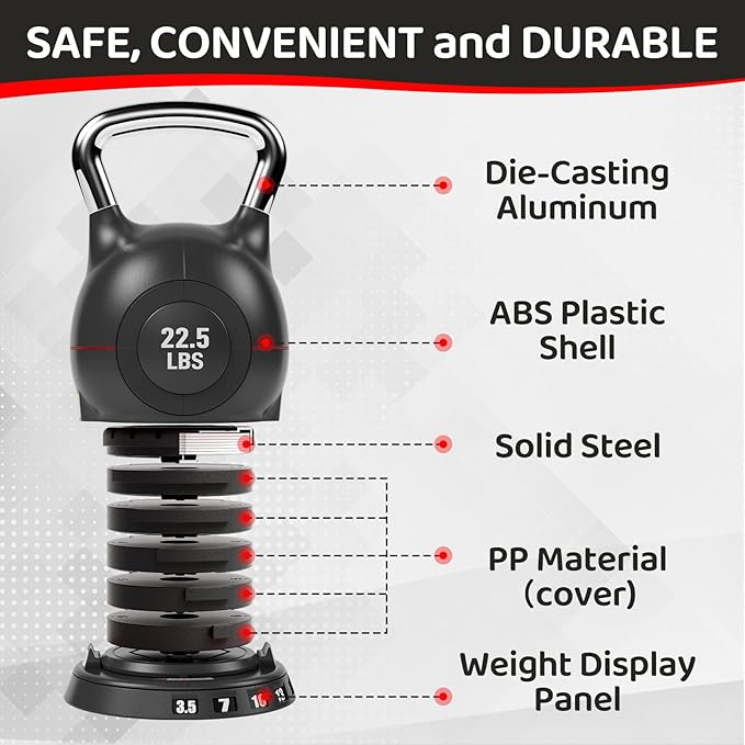 LIFERUN Adjustable Kettlebell Weight Set, 7 Weights, 22.5 lb or 44 lb, Quick-Change Handle for Home Gym, Space-Saving Design for Strength Training