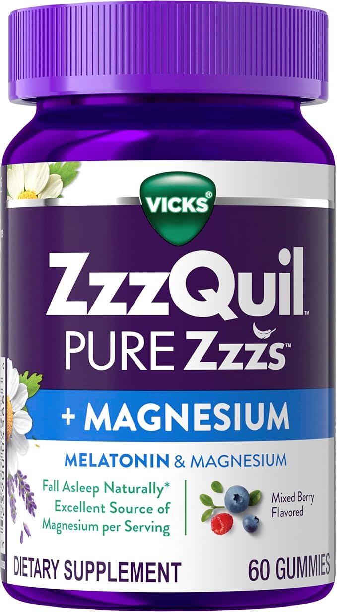 ZzzQuil Pure Zzzs + Magnesium, Sleep Aid, Magnesium Citrate and Melatonin Gummies, Melatonin 2mg, Sleep Aids for Adults, Mixed Berry Flavored, 60 Sleep Gummies