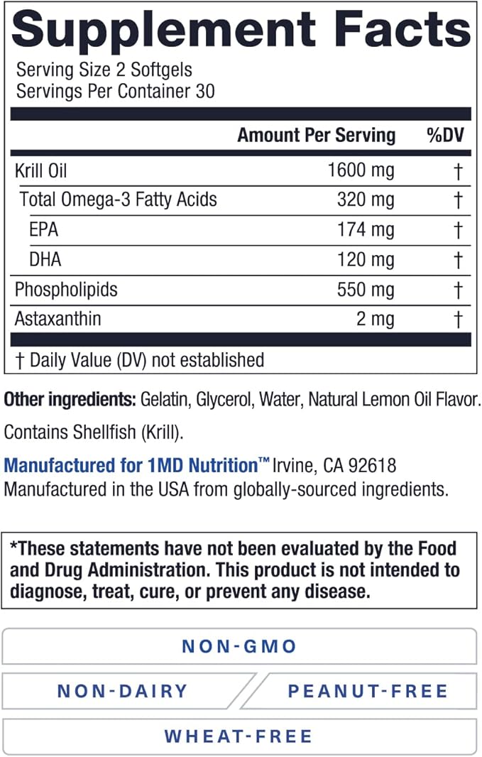 1MD Nutrition KrillMD - Antarctic Krill Oil Omega 3 Supplement with Astaxanthin, EPA, DHA | 2X More Effective Than Fish Oil | 60 Softgels