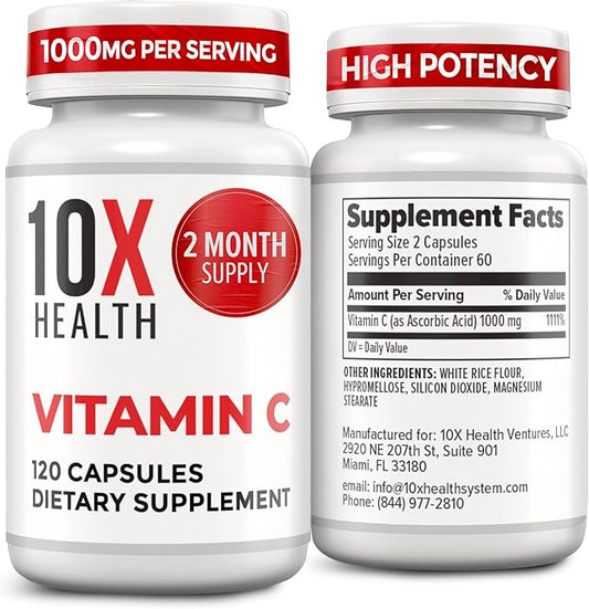 10X Health Vitamin C 1000mg - 120 Capsules Vitamin C, High Dose Ascorbic Acid for Immunity, Antioxidant Protection, Collagen & Tissue Support for Adults - VitaminC 1000 mg - Non-GMO, Gluten-Free