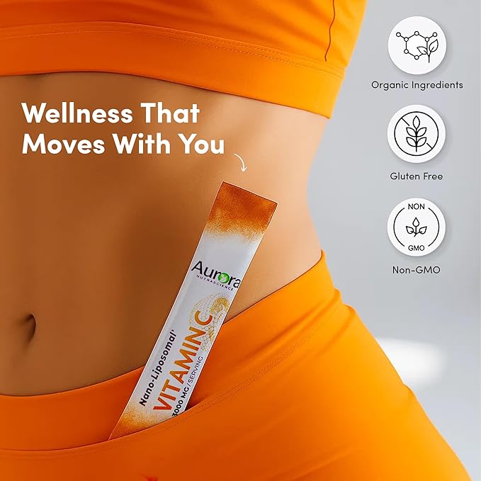 Aurora Nutrascience Nano-Pack Liposomal Vitamin C Powder Drink Mix, Immune Support, High Strength 3,000 mg Per Serving, 30 Single Serve Packets, Orange