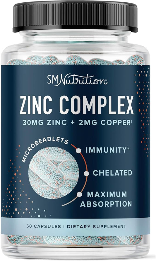 Zinc Supplement Microbeadlets for Immune & Acne Support | Highly Absorbable Zinc Bisglycinate & Orotate with 2mg Chelated Copper + Vitamin B6 | Vegan, Gluten-Free | 60 Capsules (2 Month Supply)