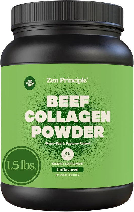 Zen Principle Grass-Fed Agglomerated Hydrolyzed Collagen Peptides 1.5 lb. Anti-Aging Protein Powder for Healthy Hair, Skin, Joints. Paleo Friendly, GMO and Gluten Free, Pasture-Raised Bovine.