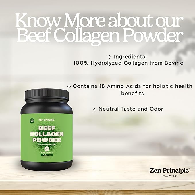 Zen Principle Grass-Fed Agglomerated Hydrolyzed Collagen Peptides 1.5 lb. Anti-Aging Protein Powder for Healthy Hair, Skin, Joints. Paleo Friendly, GMO and Gluten Free, Pasture-Raised Bovine.