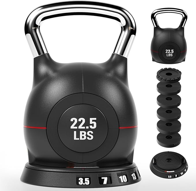 LIFERUN Adjustable Kettlebell Weight Set, 7 Weights, 22.5 lb or 44 lb, Quick-Change Handle for Home Gym, Space-Saving Design for Strength Training