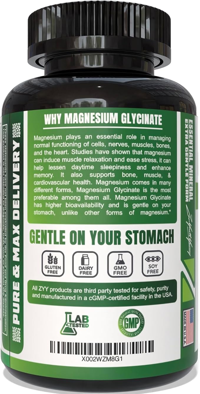 ZYY Pure Magnesium Glycinate Capsules 1000mg Maximum Strength, Chelated for High Absorption Magnesium Supplement for Sleep, Muscle, Brain, Bone and Heart Health, 3rd Party Tested, 180 Capsules