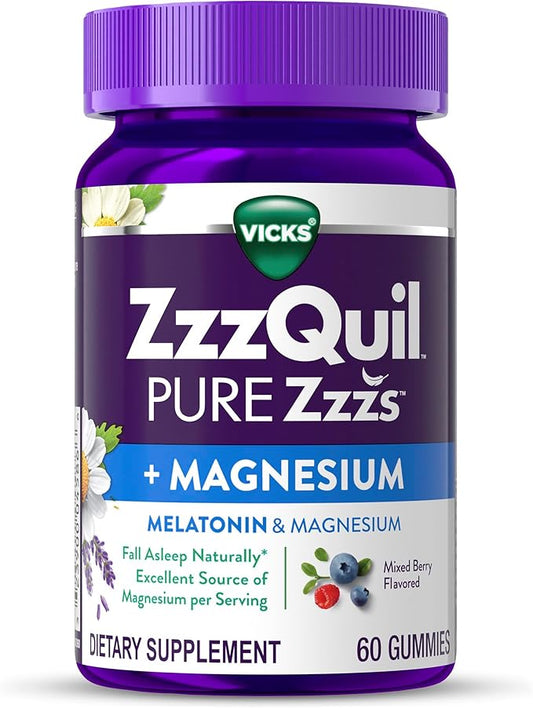 ZzzQuil Pure Zzzs + Magnesium, Sleep Aid, Magnesium Citrate and Melatonin Gummies, Melatonin 2mg, Sleep Aids for Adults, Mixed Berry Flavored, 60 Sleep Gummies