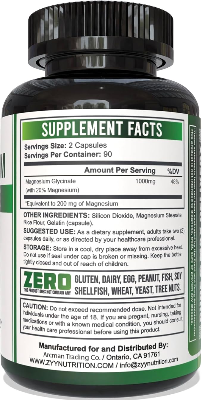 ZYY Pure Magnesium Glycinate Capsules 1000mg Maximum Strength, Chelated for High Absorption Magnesium Supplement for Sleep, Muscle, Brain, Bone and Heart Health, 3rd Party Tested, 180 Capsules