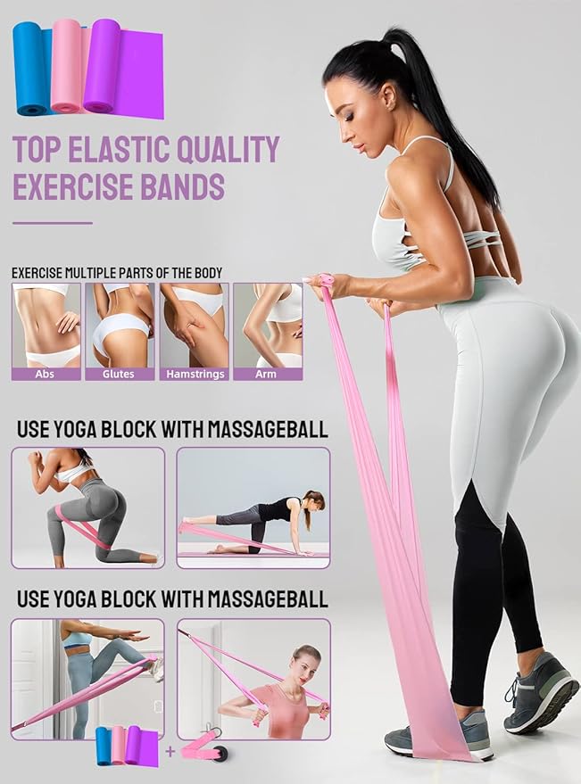 1/3 Yoga Mat Thick, Yoga Kit and Sets for Beginners Include High Density Yoga Mat with Multi-loops Yoga Strap, Yoga Blocks, Booty Resistance Band Set & Door Anchor