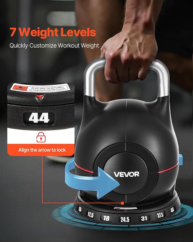 VEVOR Kettlebell, Adjustable Kettlebell with 7 Weight Levels, Die-Cast Aluminum and ABS Material, for Grip Strength Training, Full-body Workout & Cross-Training