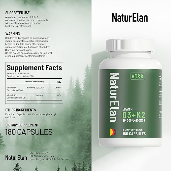 Vitamin D3 K2 - 20,000 IU D3 + 200mcg K2(MK-7), 180 Capsules, Supports Bone, Immune, Heart & Teeth Health, Third-Party Tested, Vegan, Non-GMO, Gluten Free K2 D3 Vitamin Supplement for Men & Women