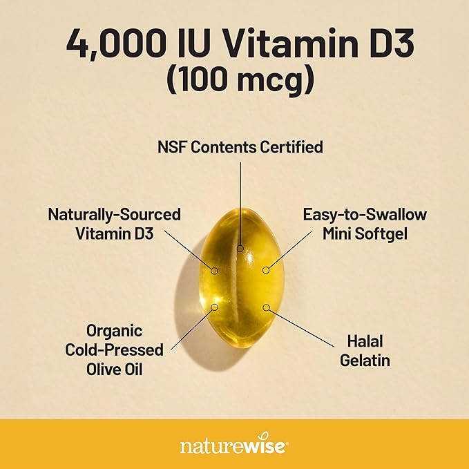 NatureWise Vitamin D3 4000iu (100 mcg) 90-Day Supply for Immune Support, Healthy Muscle Function, and Bone Health - Non-GMO, Gluten Free in Organic Extra Virgin Olive Oil, (Mini Softgel), 90 Count