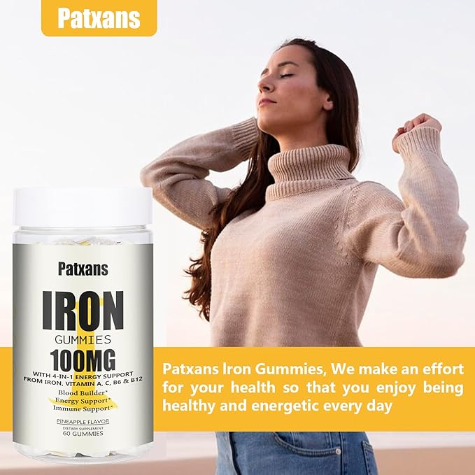 2 Packs 100MG Iron Supplement Gummies for Women & Men - with Vitamin A, C, B - Energy Support for Iron Deficiency, Anemia, Adults ＆ Children, Pineapple Flavor Gummy, 120ct