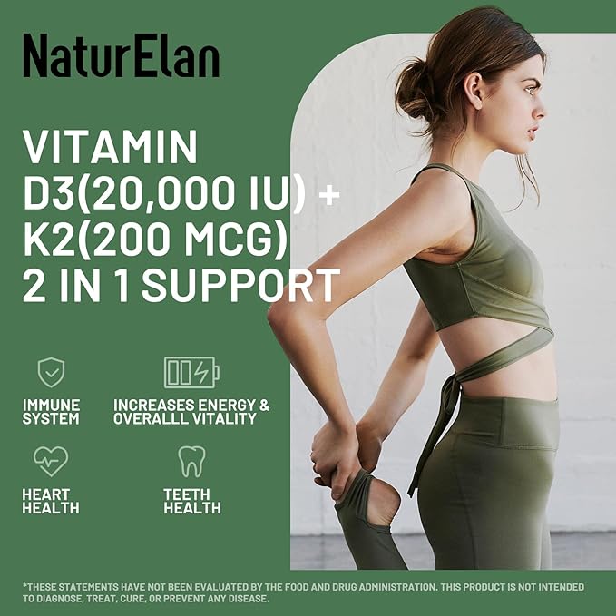 Vitamin D3 K2 - 20,000 IU D3 + 200mcg K2(MK-7), 180 Capsules, Supports Bone, Immune, Heart & Teeth Health, Third-Party Tested, Vegan, Non-GMO, Gluten Free K2 D3 Vitamin Supplement for Men & Women