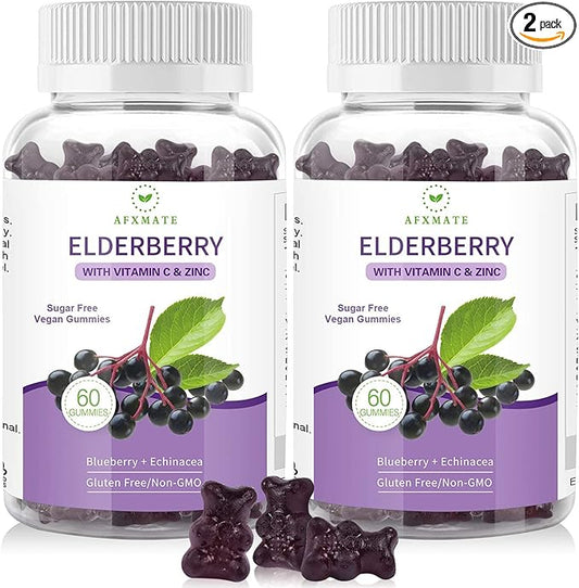 AFXMATE Sambucus Black Elderberry Gummies with Zinc and Vitamin C for Adults Kids Immune Support, Sugar Free 120 Counts
