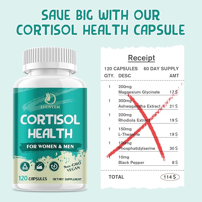 Cortisol Supplement for Women & Men, Cortisol Reducer Detox Manager, Ashwagandha/Rhodiola Rosea/Magnesium and L-theanine Complex for Mood/Focus & Sleep- 60 Day Vegan Supply