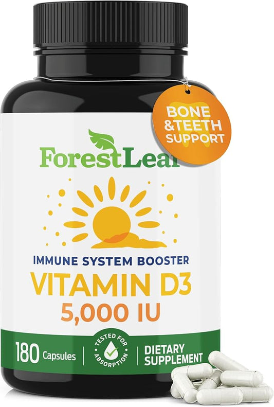 ForestLeaf Vitamin D3 5000 IU | VIT D - VIT D3 Vitamin D Supplements for Women and Men | Bone Health, Teeth and Immune Support | Easy to Swallow Pills | One Capsule Daily, 6-Month Supply, 180 Count