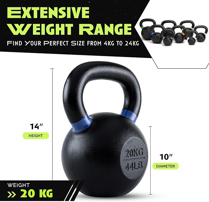 Rage Fitness Single Cast Iron Kettlebell | Powder Coated - Wide Handle Weights for Core & Glute Workouts; Swings, Squats, Deadlifts; Strength, Endurance & Flexibility for Men & Women