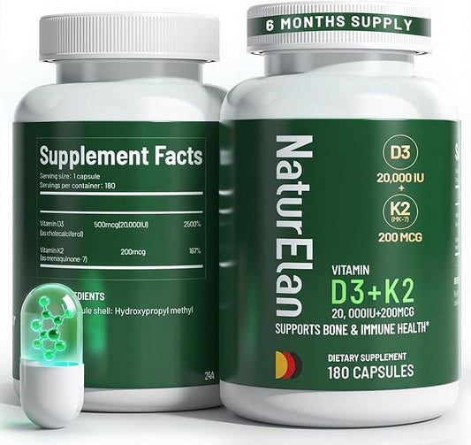 Vitamin D3 K2 - 20,000 IU D3 + 200mcg K2(MK-7), 180 Capsules, Supports Bone, Immune, Heart & Teeth Health, Third-Party Tested, Vegan, Non-GMO, Gluten Free K2 D3 Vitamin Supplement for Men & Women