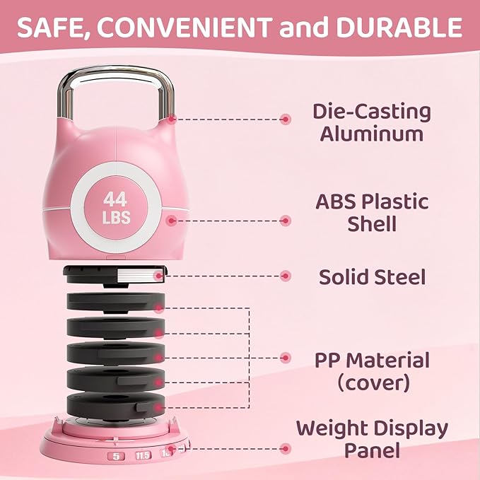 LIFERUN Adjustable Kettlebell Weight Set, 7 Weights, 22.5 lb or 44 lb, Quick-Change Handle for Home Gym, Space-Saving Design for Strength Training